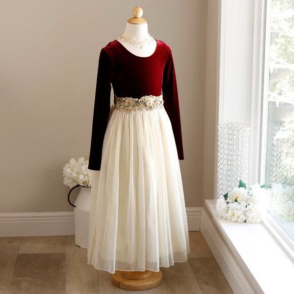 Burgundy Wine Velvet & Gold Lamé Tulle Dress Special Occasion Flower Girl 8/10 - Picture 1 of 8
